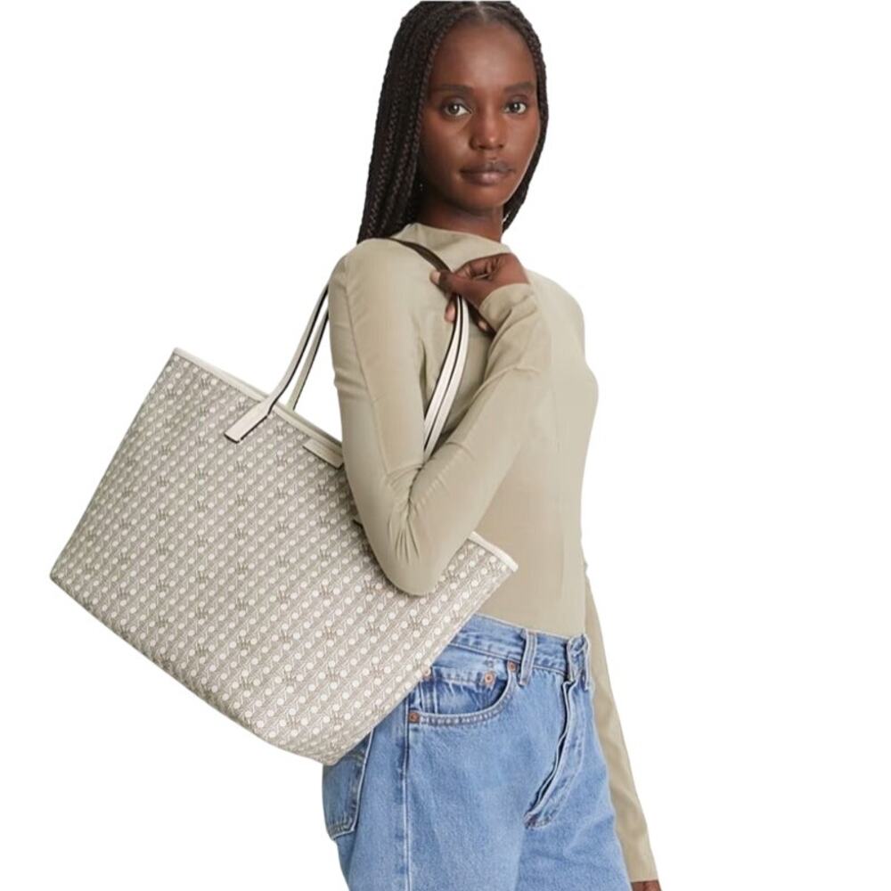 TORY BURCH Ever Ready Zip Tote Ivory Basketweave pattern